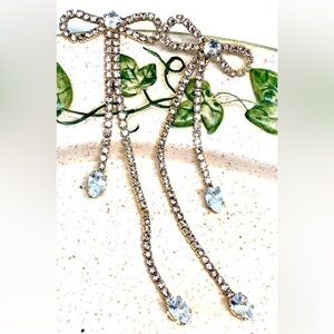 White Crystal Rhinestone Pave Style Bow Knot Double Dangle Long Dressy Earrings